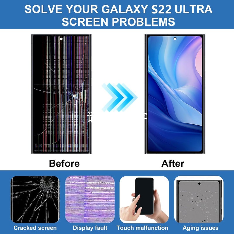 LNONLS Store شاشة عرض OLED لجهاز سامسونج جالاكسي S22 ألترا 5G - مجموعة استبدال شاشة LCD لجهاز سامسونج S22 ألترا مع أدوات الإطار S908U S908A النسخة الأمريكية (أسود) - Image 3